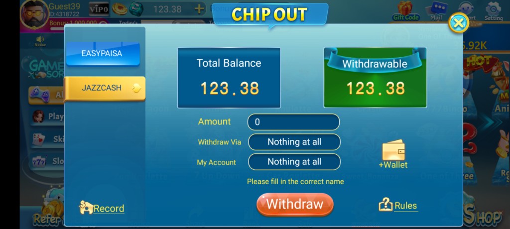 3 Patti Pearl Chip Out withdraw screen with Easypaisa and JazzCash
